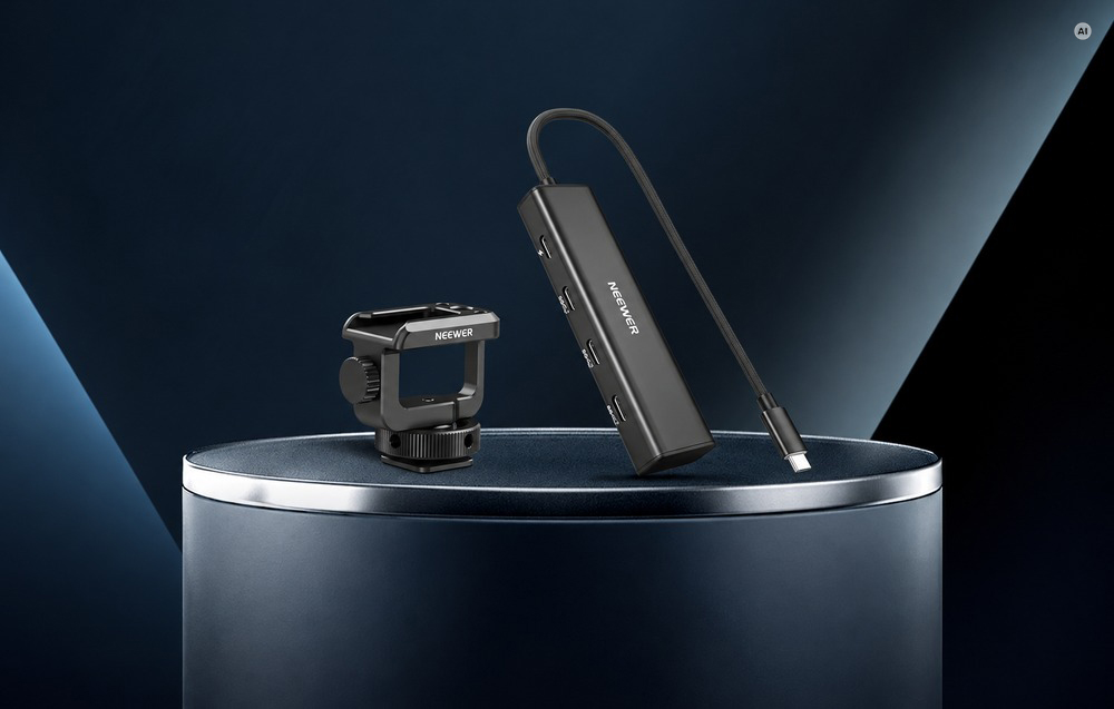 Ένας μαύρος διανομέας USB-C και ένα μεταλλικό στήριγμα τοποθετημένα πάνω σε μια υπερυψωμένη πλατφόρμα με φόντο ένα σκοτεινό φόντο.