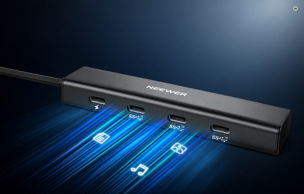 Εικόνα ενός διανομέα USB-C με τέσσερις θύρες και μπλε ακτίνες φωτός που συμβολίζουν τη μεταφορά αρχείων, μουσικής και φωτογραφιών.