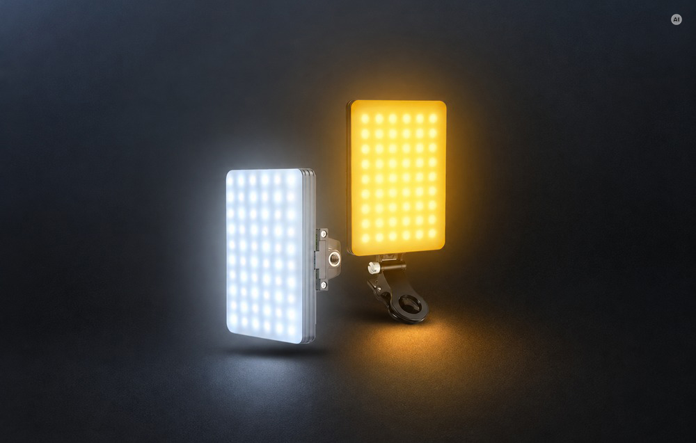 Δύο ορθογώνια φώτα LED — το ένα εκπέμπει ψυχρό λευκό φως, το άλλο ζεστό κίτρινο φως πάνω σε σκούρο φόντο.