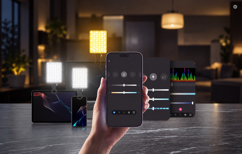 Ένα smartphone με εφαρμογή για τη ρύθμιση της φωτεινότητας και της θερμοκρασίας χρώματος στο προσκήνιο, και φώτα LED τοποθετημένα σε κινητές συσκευές στο παρασκήνιο.