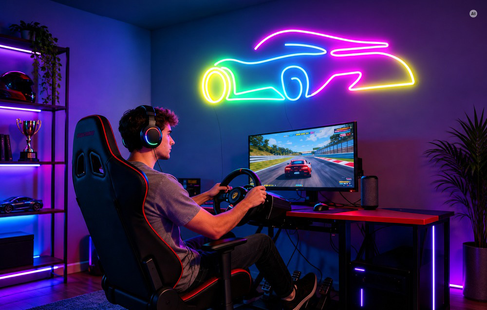 Ένας gamer με τιμόνι και ακουστικά, με φόντο μια φωτεινή διακόσμηση σε σχήμα αυτοκινήτου.