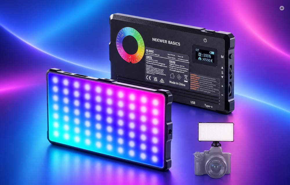 Το φωτιστικό πάνελ LED RGB της Neewer, όπως φαίνεται από μπροστά και από πίσω, με ροζ και μπλε φόντο.