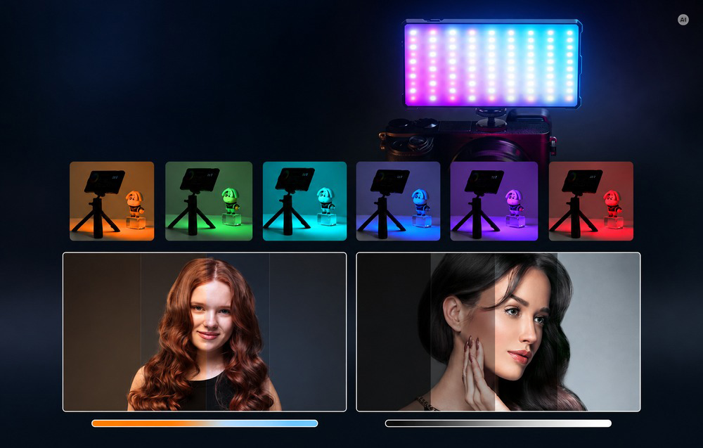 Παραδείγματα εφέ φωτισμού RGB και ρύθμισης της θερμοκρασίας χρώματος σε πορτρέτα.