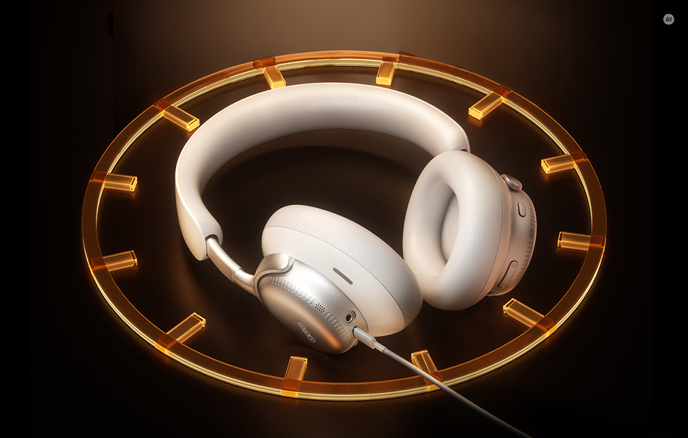 Ασημί-μπεζ ακουστικά QCY τύπου over-ear συνδεδεμένα με καλώδιο, τοποθετημένα μέσα σε έναν κύκλο με οπίσθιο φωτισμό