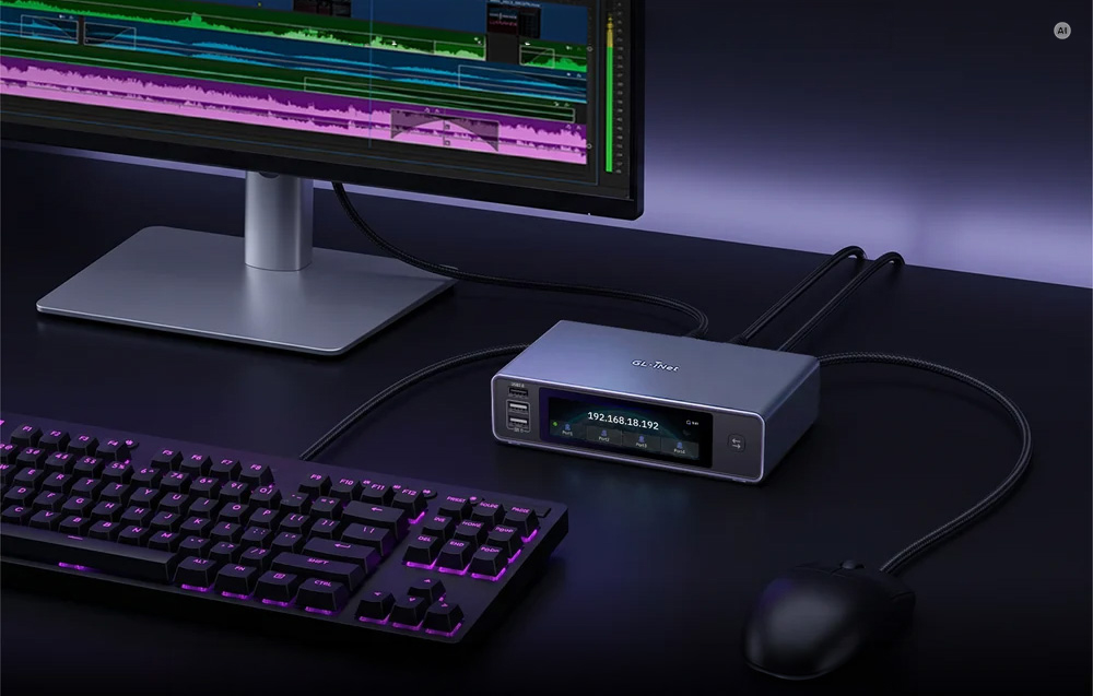 Διακόπτης KVM GL.iNet συνδεδεμένος με οθόνη, πληκτρολόγιο και ποντίκι σε σταθμό εργασίας.
