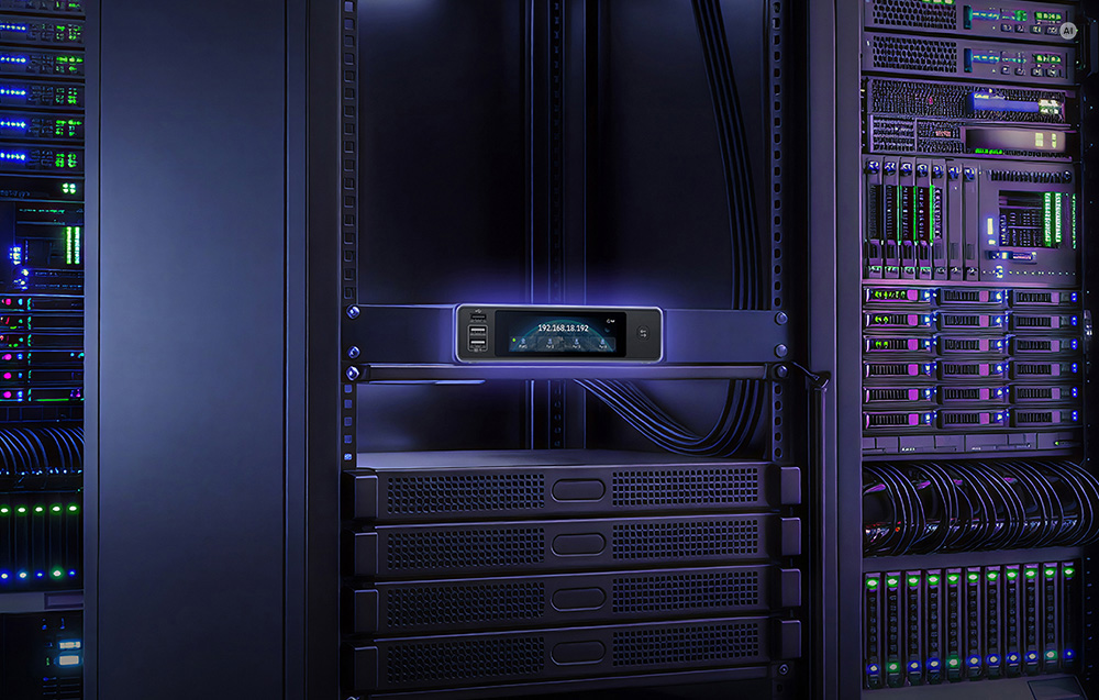 Ο διακόπτης KVM GL.iNet τοποθετημένος σε επαγγελματικό ερμάριο διακομιστή RACK.