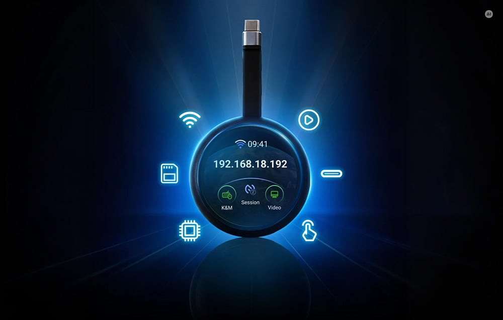 Ένας στρογγυλός φορητός διακόπτης KVM USB-C με οθόνη IP και εικονίδια λειτουργιών πάνω σε σκούρο γραφικό φόντο.
