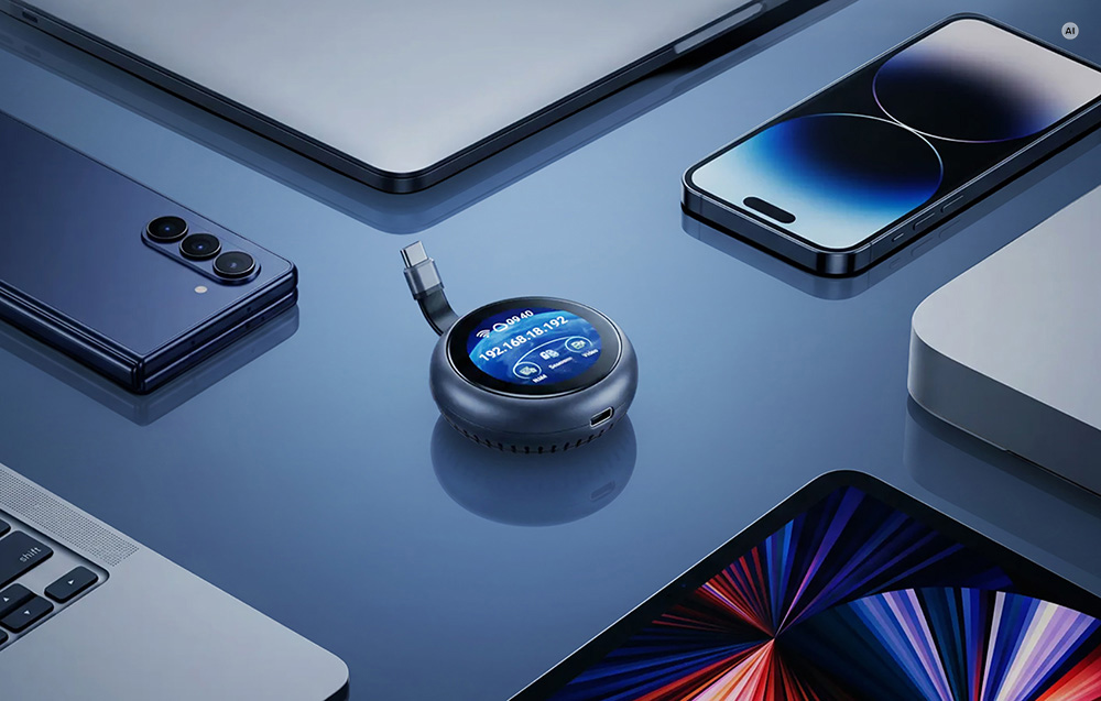 Ένας στρογγυλός διακόπτης KVM USB-C με οθόνη αφής τοποθετημένος πάνω σε ένα γραφείο ανάμεσα σε κινητές συσκευές και έναν φορητό υπολογιστή.