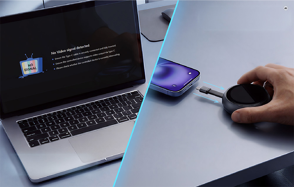 Σύνδεση ενός κυκλικού διακόπτη KVM USB-C με ένα smartphone δίπλα σε έναν φορητό υπολογιστή που εμφανίζει το μήνυμα «χωρίς σήμα».