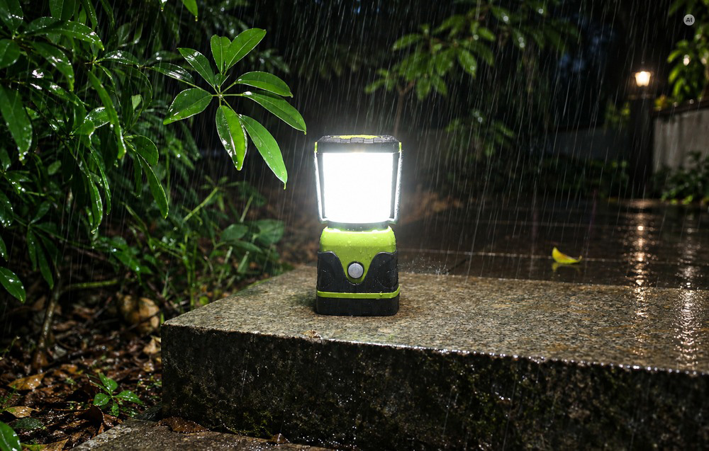 Μια πράσινη και μαύρη λάμπα LED, αναμμένη, στέκεται πάνω σε μια πέτρινη επιφάνεια κάτω από τη βροχή, περιτριγυρισμένη από πράσινα φύλλα.