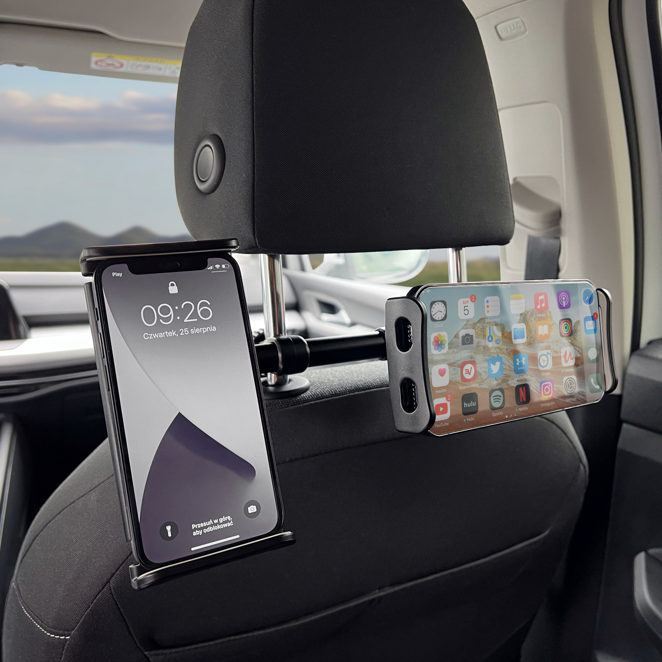 Wozinsky WTHBK1 Dual Headrest Car Tablet and Phone Holder Podwójny uchwyt do samochodu na zagłówek Wozinsky WTHBK1 z tabletem i telefonem