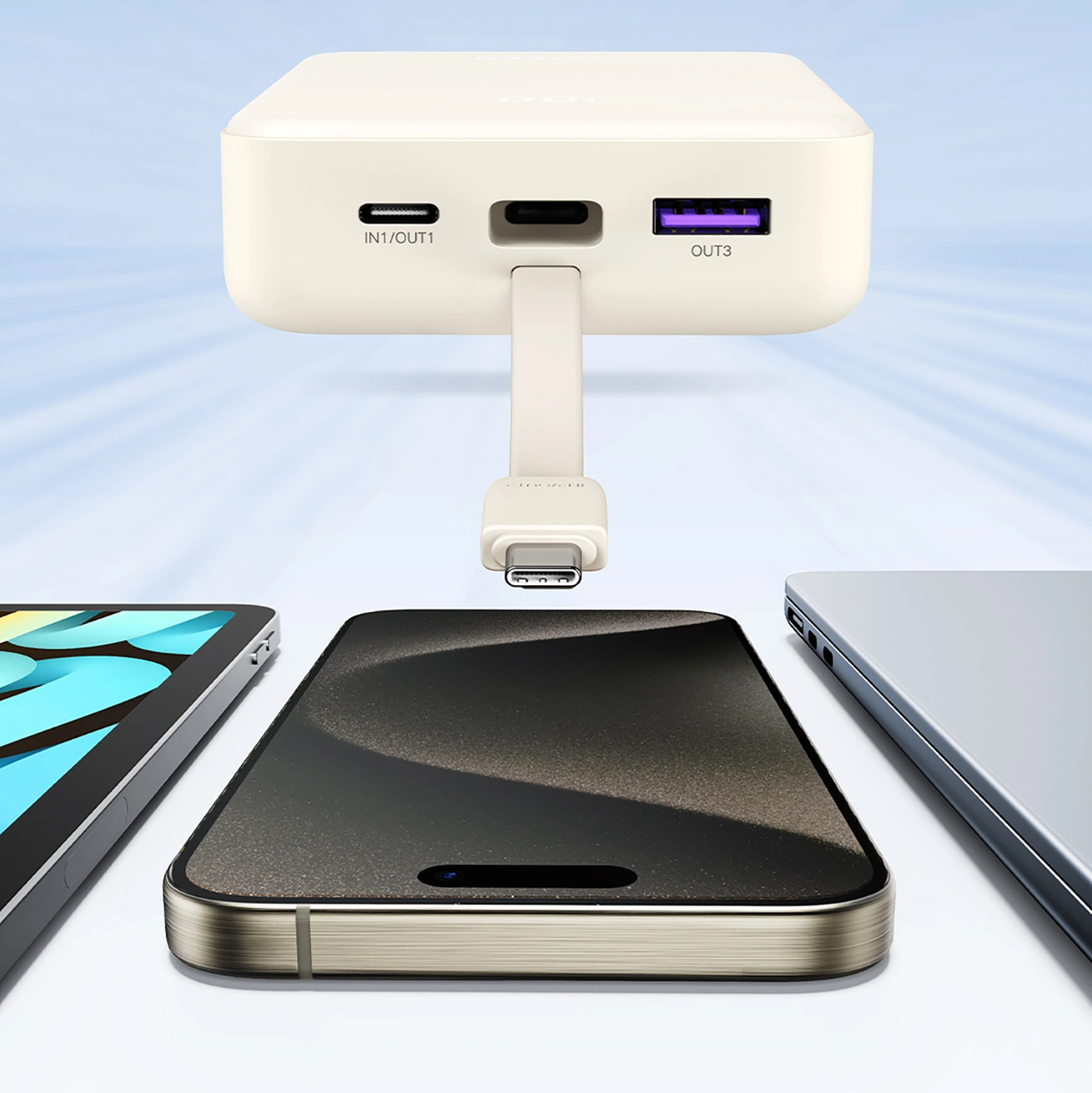 Powerbank Ugreen PB505 συνδεδεμένο στο τηλέφωνο με ενσωματωμένο καλώδιο