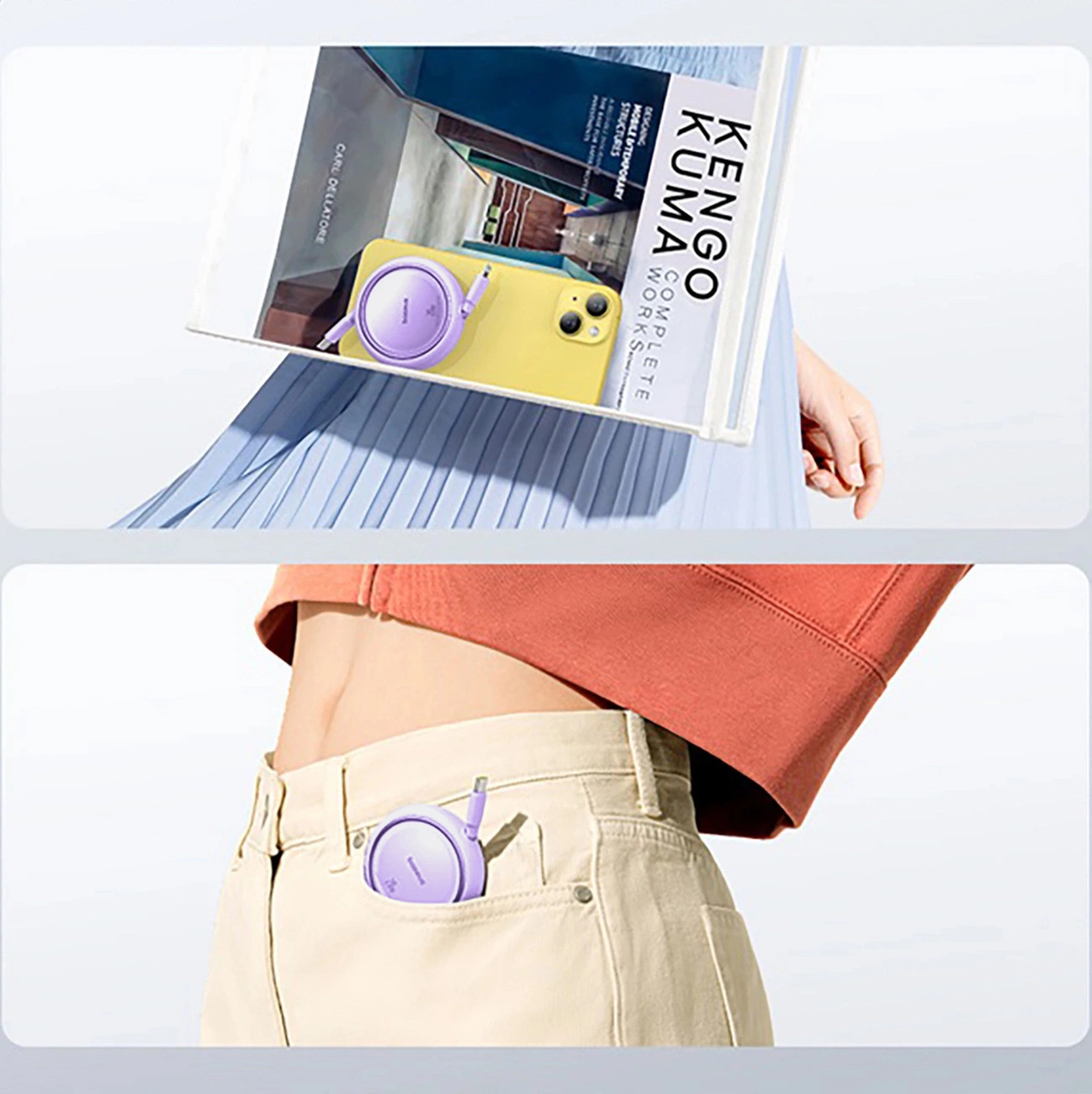 Η γυναίκα βάζει το τυλιγμένο καλώδιο Baseus Free2Pull στην τσέπη της