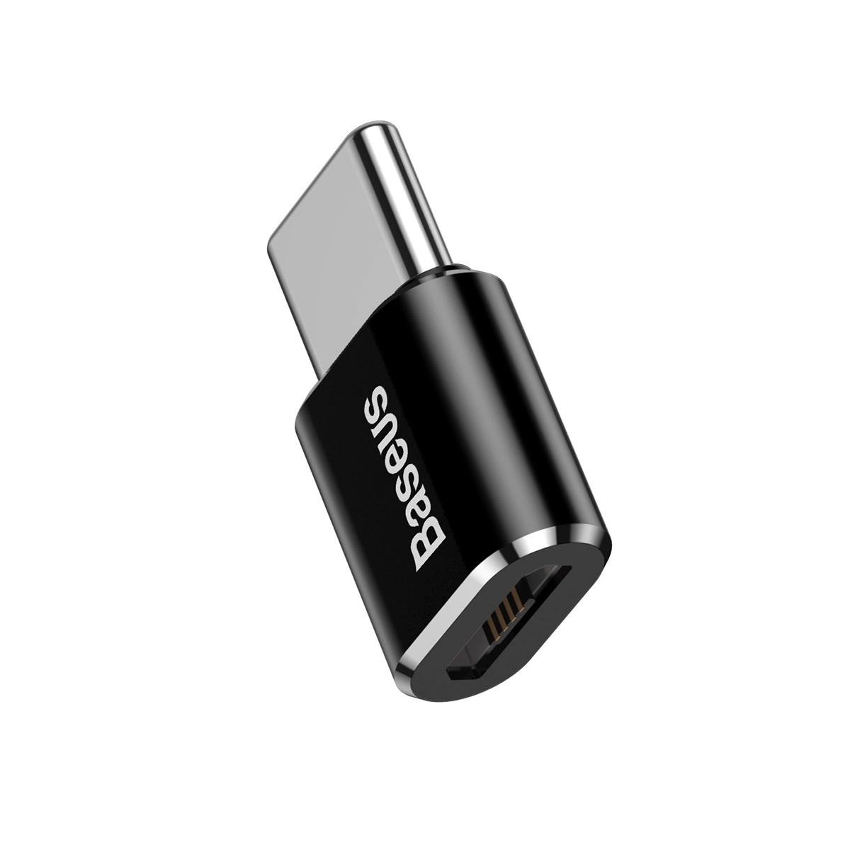 Μαύρος προσαρμογέας Baseus Mini Micro USB σε USB-C σε λευκό φόντο