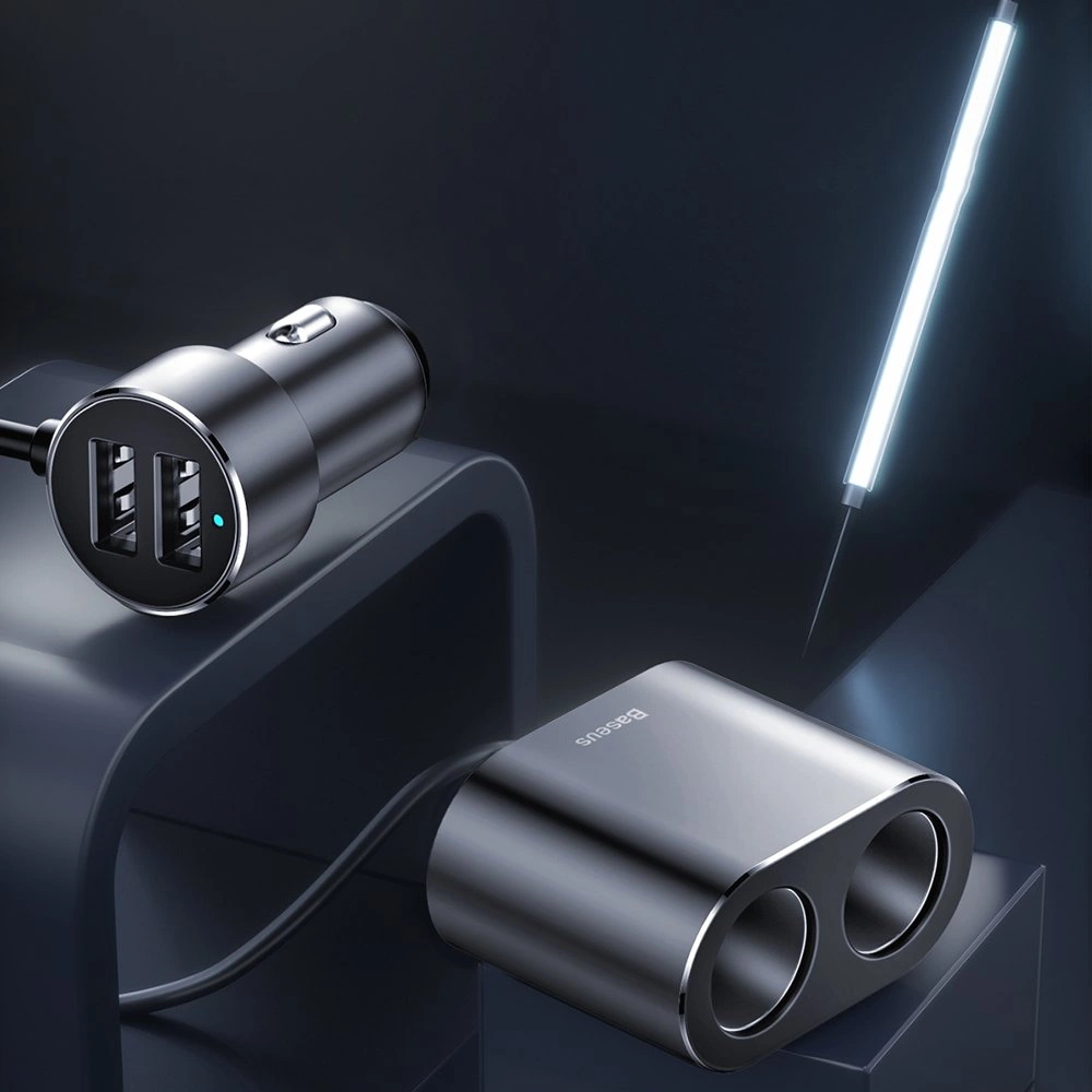 Διαχωριστής Baseus CRDYQ-0S με 2 υποδοχές αναπτήρα 80W σε σκούρο φόντο που φωτίζεται από σπαθί LED