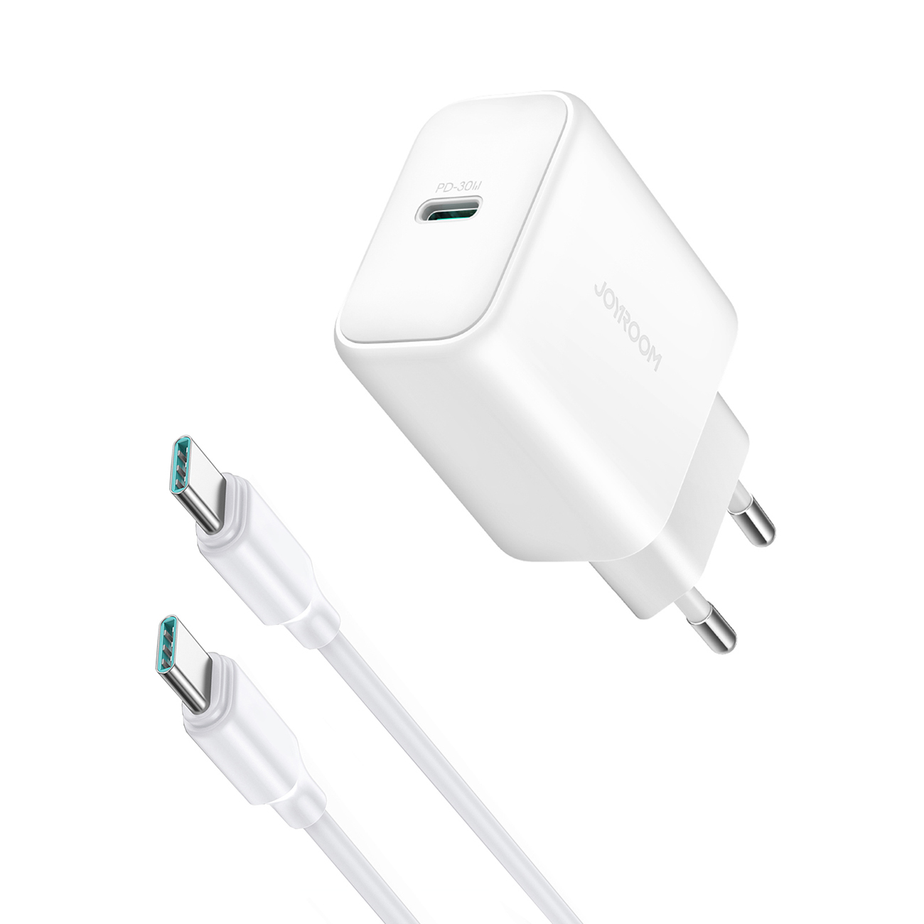 Φορτιστής τοίχου Joyroom JR-TCF24 με θύρα USB-C 30W με υποστήριξη PD, QC, SFC σε λευκό φόντο