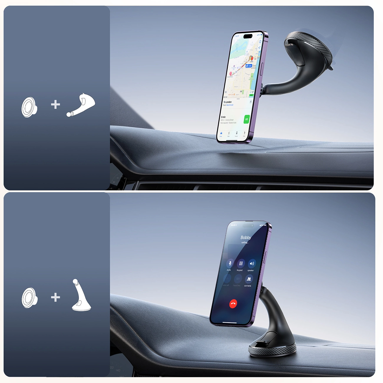 Δύο λήψεις του Joyroom JR-ZS406 Mount σε διαφορετικούς τρόπους τοποθέτησης: στο πιλοτήριο και στο τζάμι