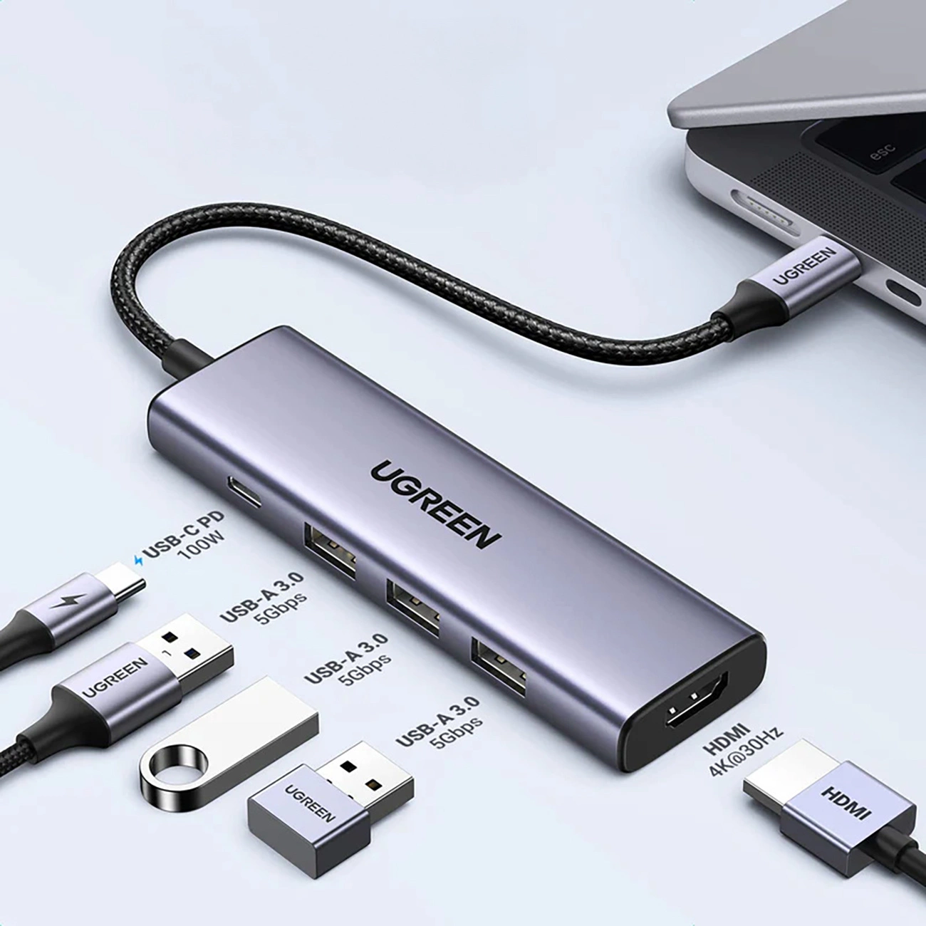 HUB 5in1 Ugreen CM511 συνδεδεμένο σε φορητό υπολογιστή