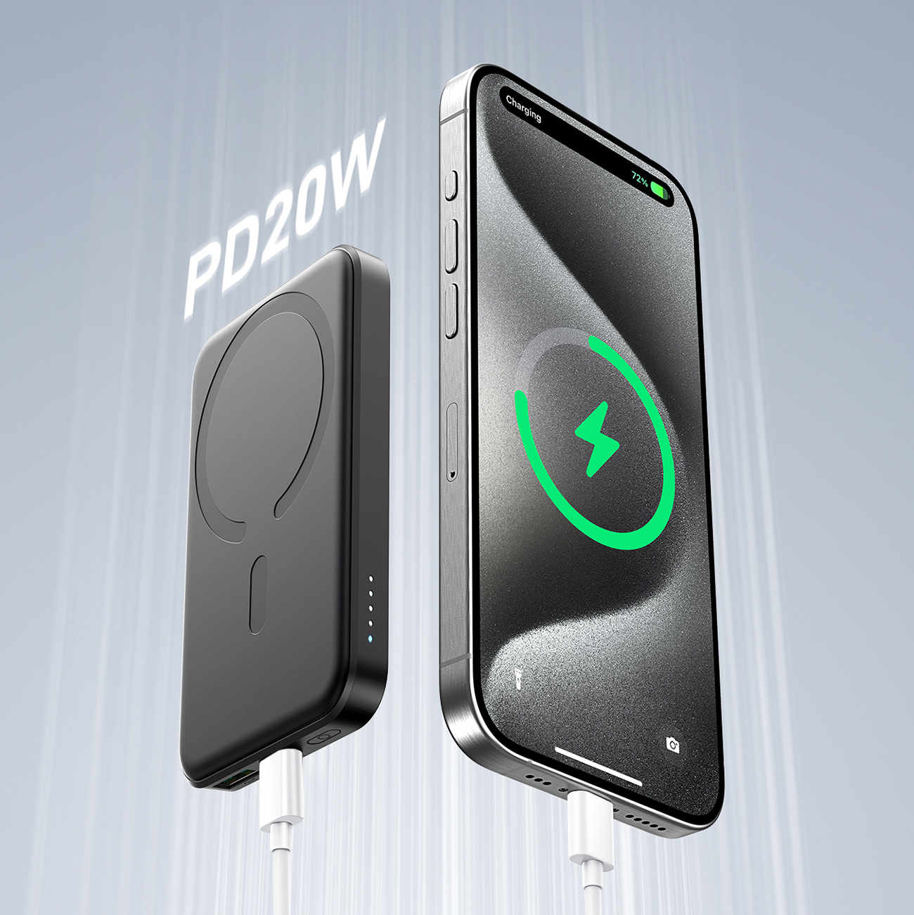 Γραφικό που δείχνει ένα iPhone συνδεδεμένο στη φόρτιση μέσω καλωδίου USB-C στην επαγωγική τράπεζα ισχύος Joyroom JR-W020 Mini