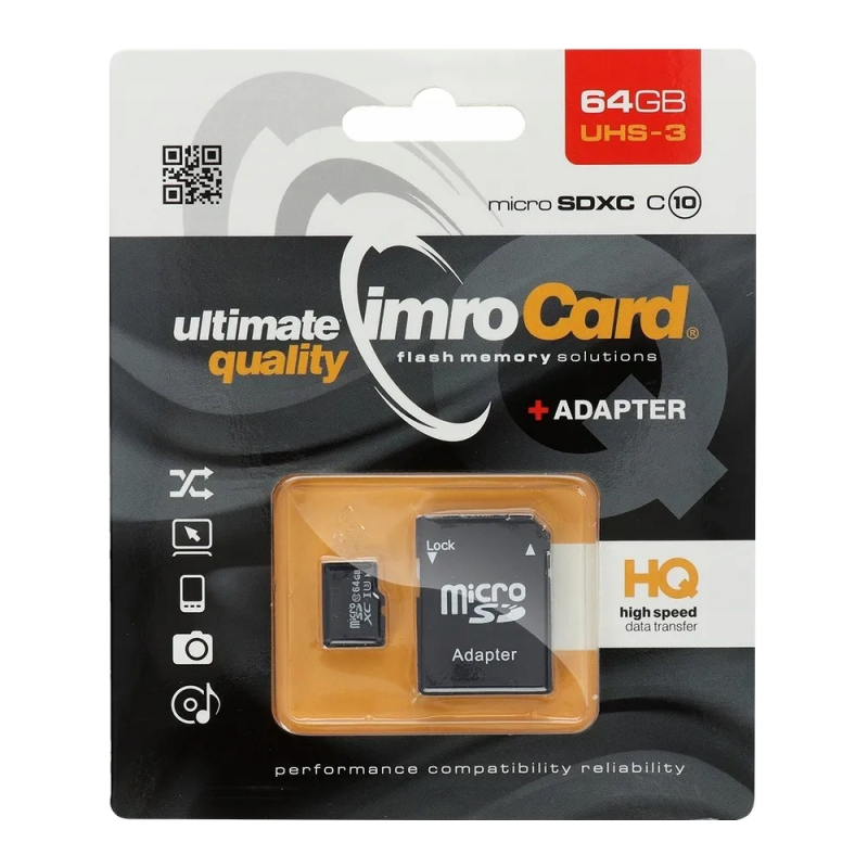 Κάρτα μνήμης microSDXC Imro, 64GB, Class 10 / UHS-1 U3, με προσαρμογέα Κάρτα μνήμης microSDXC Imro, 64GB, Class 10 / UHS-1 U3, με προσαρμογέα